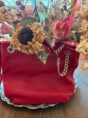 Michael Kors Red Leather Shoulder Bag with Gold Chain Handles